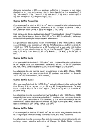 134
glaciares expuestos y 39% en glaciares cubiertos o rocosos), y que están
distribuidos en cinco subcuencas, siendo éstas las de los ríos Mapocho (5,3
%), Colorado (51,2 %) , Yeso (12,1 %), Volcán (15,2 %), Maipo superior (16,0
%), San José (< 0,2 %) y Angostura (<0,2 %).
Cuenca del Río Tinguiririca
Con una superficie total de 3.932,4 km2
, está comprendida principalmente en la
VIa
región (780.627 habitantes), abarcando el 23,1 % de su superficie (3.784,2
km2
), también cubre un 0,5 % de la VIIa
región (148,2 km2
).
Está compuesta de dos subcuencas, la del Tinguiririca Bajo y la del Tinguiririca
Alto, está última tiene un área de 1.843,18 km2
(un 46,9 % del total), y es la que
recibe todo el aporte glaciar que ingresa a la cuenca.
Los glaciares de esta cuenca fueron inventariados el año 1984 (Valdivia, 1984)
encontrándose en su cabecera un total de 261 glaciares que cubren un área de
106,46 km2
(97,0 % descubiertos y 3,0 % cubiertos), y que están distribuidos
en 5 subcuencas, siendo éstas las de los ríos Damas (25,78 km2
), Tinguiririca
Alto (0,66 km2
), San José (50,37 km2
), Portillo (17,54 km2
) y Azufre (12,10
km2
).
Cuenca del Río Maule
Con una superficie total de 21.053,8 km2
, está comprendida principalmente en
la VIIa
región (908.097 habitantes), abarcando el 65,2 % de su superficie
(19.734,3 km2
), también cubre un 3,6 % de la VIIIa
región (1.319,5 km2
).
Los glaciares de esta cuenca fueron inventariados el año 2004 (Tapia, 2004)
encontrándose en su cabecera un total 98 glaciares que cubren un área de
35,32 km2
(80% descubierto, 20% cubierto).
Cuenca del Río Bueno
Con una superficie total de 15.366,8 km2
, esta dividida entre las regiones XVI
(Los Ríos) y X (Los Lagos), con un 51 % y 49 % respectivamente. De este
modo cubre el 42,4 % de la XIVa
región (7.819,0 km2
) y el 31,6 % de la Xa
(7.547,8 km2
).
Los glaciares de esta cuenca fueron inventariados el año 1989 (Rivera, 1989)
encontrándose en su cabecera un total de 11 glaciares que cubren un área de
19,35 km2
(98% descubiertos, 2% cubiertos), y que están distribuidos en tres
subcuencas, siendo estas la de Afluentes del Lago Ranco (14,5 km2
) y las de
los ríos Pilmaiquén (2,4 km2
) y Rahue (2,5 km2
).
Cuenca del Río Baker
Con una superficie total de 20.946,9 km2
, se encuentra íntegramente dentro de
la XIa
región (91.492 habitantes), cubriendo un 19,3 % de su superficie.
Los glaciares de esta cuenca no han sido inventariados sistemáticamente, sin
embargo varios estudios enfocados al Campo de Hielo Norte, incluyen
 