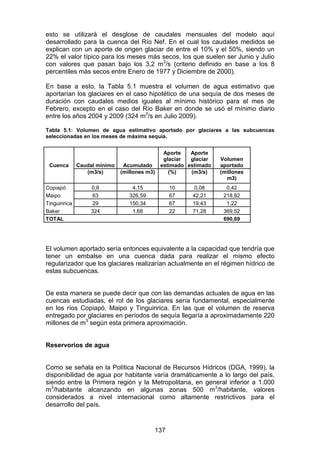 137
esto se utilizará el desglose de caudales mensuales del modelo aquí
desarrollado para la cuenca del Río Nef. En el cual los caudales medidos se
explican con un aporte de origen glaciar de entre el 10% y el 50%, siendo un
22% el valor típico para los meses más secos, los que suelen ser Junio y Julio
con valores que pasan bajo los 3,2 m3
/s (criterio definido en base a los 8
percentiles más secos entre Enero de 1977 y Diciembre de 2000).
En base a esto, la Tabla 5.1 muestra el volumen de agua estimativo que
aportarían los glaciares en el caso hipotético de una sequía de dos meses de
duración con caudales medios iguales al mínimo histórico para el mes de
Febrero, excepto en el caso del Río Baker en donde se usó el mínimo diario
entre los años 2004 y 2009 (324 m3
/s en Julio 2009).
Tabla 5.1: Volumen de agua estimativo aportado por glaciares a las subcuencas
seleccionadas en los meses de máxima sequía.
Cuenca Caudal mínimo Acumulado
Aporte
glaciar
estimado
Aporte
glaciar
estimado
Volumen
aportado
(m3/s) (millones m3) (%) (m3/s) (millones
m3)
Copiapó 0,8 4,15 10 0,08 0,42
Maipo 63 326,59 67 42,21 218,82
Tinguiririca 29 150,34 67 19,43 1,22
Baker 324 1,68 22 71,28 369,52
TOTAL 690,69
El volumen aportado sería entonces equivalente a la capacidad que tendría que
tener un embalse en una cuenca dada para realizar el mismo efecto
regularizador que los glaciares realizarían actualmente en el régimen hídrico de
estas subcuencas.
De esta manera se puede decir que con las demandas actuales de agua en las
cuencas estudiadas, el rol de los glaciares sería fundamental, especialmente
en los ríos Copiapó, Maipo y Tinguiririca. En las que el volumen de reserva
entregado por glaciares en períodos de sequía llegaría a aproximadamente 220
millones de m3
según esta primera aproximación.
Reservorios de agua
Como se señala en la Política Nacional de Recursos Hídricos (DGA, 1999), la
disponibilidad de agua por habitante varía dramáticamente a lo largo del país,
siendo entre la Primera región y la Metropolitana, en general inferior a 1.000
m3
/habitante alcanzando en algunas zonas 500 m3
/habitante, valores
considerados a nivel internacional como altamente restrictivos para el
desarrollo del país.
 