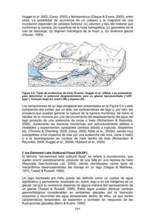 151
Huggel et al, 2002; Carey, 2005) y Norteamérica (Clague & Evans, 2000), entre
otros. La posibilidad de ocurrencia de un colapso y la magnitud de una
inundación dependen de variados factores: (a) volumen y tipo del material que
conforman la barrera; (b) superficie de la hoya hidrográfica; (c) geometría de la
ruta de descarga; (d) régimen hidrológico de la hoya; y, (e) dinámica glacial
(Hauser, 1993).
Figura 5.4: Tipos de avalanchas de hielo (Fuente: Huggel et al., 2004a). Los parámetros
para determinar el potencial desprendimiento para un glaciar tipo-acantilado (“cliff-
type”), incluyen largo (L), ancho (W) y espesor (D).
Los componentes de un lago proglacial son presentados en la Figura 5.4 y este
comprende dos partes: por un lado, las características del lago y, por otro, los
procesos que puedan generar la ruptura de la barrera morrénica, tal como el
rebalse de la morrena por una ola proveniente del desplazamiento del agua del
lago producto de una avalancha de rocas o hielo (Richardson & Reynolds,
2000). Justamente las barreras morrénicas son estructuralmente débiles e
inestables y experimentan constantes cambios debido a rupturas, desplomes
etc. (Thomas & Chamling, 2005; Carey, 2005; Kääb et al., 2005b), siendo muy
susceptibles a los impactos de olas por una avalancha (de roca, nieve o hielo)
o a la desintegración de núcleos de hielo dentro de ésta (Richardson &
Reynolds, 2000; Huggel et al., 2004b; Hubbard et al., 2005).
f. Ice-Dammed Lake Outburst Flood (IDLOF)
El término “ice-dammed lake outburst flood” se refiere a inundaciones, que
suelen ocurrir periódicamente, producto de una falla en una represa de hielo
(Reynolds Geo-Sciences Ltd, 2003), siendo identificados varios tipos de
mecanismos desencadenantes del drenaje en un lago (Clague & Mathews,
1973; Tweed & Russell, 1999).
Un lago represado por hielo puede ser definido como un cuerpo de agua
significativo y permanente, localizado en, sobre, bajo o en los márgenes de un
glaciar, tal que su existencia dependa de alguna manera del represamiento de
un glaciar (Tweed & Russell, 1999). Estos lagos pueden efectuar cambios
geomorfológicos considerables en ambientes glaciales por la liberación
ocasional o recurrente del agua almacenada dentro de ellos, ya que tienen
características temporales: se expanden y contraen en respuesta de las
fluctuaciones glaciales (Benn & Evans, 1998).
 