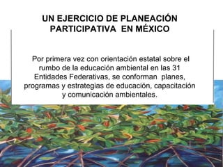 UN EJERCICIO DE PLANEACIÓN PARTICIPATIVA  EN MÉXICO Por primera vez con  orientación estatal sobre el rumbo de la educación ambiental en las 31 Entidades Federativas, se  conforman  planes, programas y estrategias de educación, capacitación y comunicación ambientales. 
