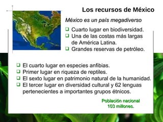 Los recursos de México México es un país megadiverso Cuarto lugar en biodiversidad.   Una de las costas más largas de   América Latina. Grandes reservas de petróleo. El cuarto lugar en especies anfibias. Primer lugar en riqueza de reptiles. El sexto lugar en patrimonio natural de la humanidad. El tercer lugar en diversidad cultural y 62 lenguas  pertenecientes a importantes grupos étnicos. Población nacional 103 millones. 