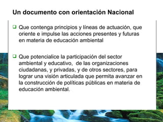 Un documento con orientación Nacional Que contenga principios y líneas de actuación, que oriente e impulse las acciones presentes y futuras en materia de educación ambiental  Que potencialice la participación del sector ambiental y educativo,  de las organizaciones ciudadanas, y privadas, y de otros sectores, p ara lograr una visión articulada que permita avanzar en la construcción de políticas públicas en materia de educación ambiental . 