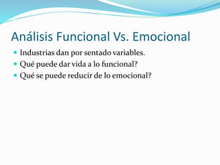 Análisis Funcional Vs. Emocional
 Industrias dan por sentado variables.
 Qué puede dar vida a lo funcional?
 Qué se puede reducir de lo emocional?
 