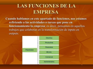 LAS FUNCIONES DE LALAS FUNCIONES DE LA
EMPRESAEMPRESA
Cuando hablamos en este apartado de funciones, nos estamosCuando hablamos en este apartado de funciones, nos estamos
refiriendo a las actividades o tareas que pone enrefiriendo a las actividades o tareas que pone en
funcionamiento la empresafuncionamiento la empresa; es decir, pensamos en aquellos; es decir, pensamos en aquellos
trabajos que colaboran en la transformación de inputs entrabajos que colaboran en la transformación de inputs en
outputs.outputs.
 