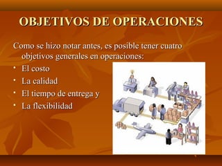 OBJETIVOS DE OPERACIONESOBJETIVOS DE OPERACIONES
Como se hizo notar antes, es posible tener cuatroComo se hizo notar antes, es posible tener cuatro
objetivos generales en operaciones:objetivos generales en operaciones:
 El costoEl costo
 La calidadLa calidad
 El tiempo de entrega yEl tiempo de entrega y
 La flexibilidadLa flexibilidad
 