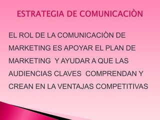 EL ROL DE LA COMUNICACIÒN DE
MARKETING ES APOYAR EL PLAN DE
MARKETING Y AYUDAR A QUE LAS
AUDIENCIAS CLAVES COMPRENDAN Y
CREAN EN LA VENTAJAS COMPETITIVAS
 
