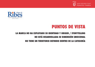PUNTOS DE VISTA
LA MARCA NO HA EXPLOTADO SU IDENTIDAD Y ORIGEN / STORYTELLING
                NO ESTÁ DESARROLLADA SU DIMENSIÓN EMOCIONAL
        NO TIENE UN TERRITORIO DEFINIDO DENTRO DE LA CATEGORÍA
 