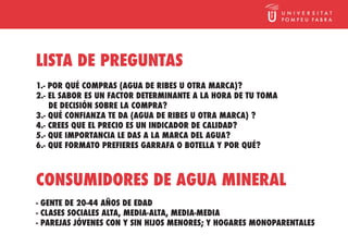 LISTA DE PREGUNTAS
1.- POR QUÉ COMPRAS (AGUA DE RIBES U OTRA MARCA)?
2.- EL SABOR ES UN FACTOR DETERMINANTE A LA HORA DE TU TOMA
    DE DECISIÓN SOBRE LA COMPRA?
3.- QUÉ CONFIANZA TE DA (AGUA DE RIBES U OTRA MARCA) ?
4.- CREES QUE EL PRECIO ES UN INDICADOR DE CALIDAD?
5.- QUE IMPORTANCIA LE DAS A LA MARCA DEL AGUA?
6.- QUE FORMATO PREFIERES GARRAFA O BOTELLA Y POR QUÉ?



CONSUMIDORES DE AGUA MINERAL
- GENTE DE 20-44 AÑOS DE EDAD
- CLASES SOCIALES ALTA, MEDIA-ALTA, MEDIA-MEDIA
- PAREJAS JÓVENES CON Y SIN HIJOS MENORES; Y HOGARES MONOPARENTALES
 