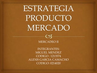 MERCADEO II
INTEGRANTES:
MIGUEL MENDEZ
CODIGO : 1213574
ALEXIS GARCIA CAMACHO
CODIGO: 0214020
 