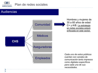 Plan de redes socialesAudienciasHombres y mujeres de 30 a 60 años de edad C+ y A/B. La estrategia en redes sociales estará enfocada en este sector. Cada uno de estos públicos cuentan con canales de comunicación tanto impresos como digitales específicos para cada una de sus necesidades. Medios impresos