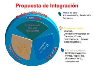 Propuesta de IntegraciónMano de obraAdministración, Producción, ServiciosUnidadMúltipleFamiliasUnidades de NegocioMunicipalesExplotaciónbásicaGranjas, Unidadesindustriales de Cárnicos, Fruver, marroquinería, Lácteos, biocombustiblesUnidadesProductorasBásicasUnidadesMúltiplesComunidadAlto ValoragregadoCentral de MateriasPrimas, vapor, frio, almacenamiento, manipulaciónMunicipio