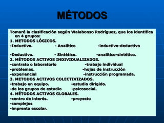 MÉTODOS Tomaré la clasificación según Walabonso Rodríguez, que los identifica en 4 grupos: 1. METODOS LÓGICOS. -Inductivo.  - Analítico  -inductivo-deductivo  -Deductivo.  - Sintético.  -analítico-sintético. 2. MÉTODOS ACTIVOS INDIVIDUALIZADOS. -contrato o laboratorio  -trabajo individual -problemas.  -hojas de instrucción -experiencial  -instrucción programada. 3. METODOS ACTIVOS COLECTIVIZADOS. -trabajo en equipo.  -estudio dirigido. -de los grupos de estudio  -psicosocial. 4. MÉTODOS ACTIVOS GLOBALES. -centro de interés.  -proyecto -complejos -imprenta escolar. 