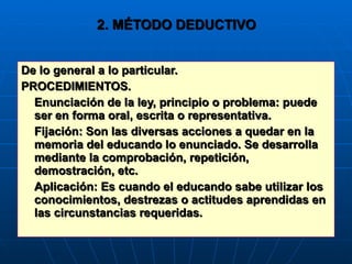 2. MÉTODO DEDUCTIVO De lo general a lo particular. PROCEDIMIENTOS. Enunciación de la ley, principio o problema: puede ser en forma oral, escrita o representativa. Fijación: Son las diversas acciones a quedar en la memoria del educando lo enunciado. Se desarrolla mediante la comprobación, repetición, demostración, etc. Aplicación: Es cuando el educando sabe utilizar los conocimientos, destrezas o actitudes aprendidas en las circunstancias requeridas. 