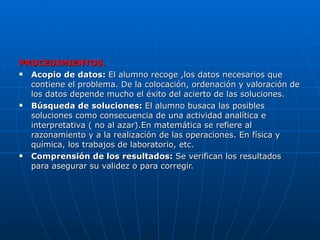 PROCEDIMIENTOS. Acopio de datos:  El alumno recoge ,los datos necesarios que contiene el problema. De la colocación, ordenación y valoración de los datos depende mucho el éxito del acierto de las soluciones. Búsqueda de soluciones:  El alumno busaca las posibles soluciones como consecuencia de una actividad analítica e interpretativa ( no al azar).En matemática se refiere al razonamiento y a la realización de las operaciones. En física y química, los trabajos de laboratorio, etc. Comprensión de los resultados:  Se verifican los resultados para asegurar su validez o para corregir. 