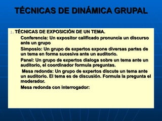 TÉCNICAS DE DINÁMICA GRUPAL 1.  TÉCNICAS DE EXPOSICIÓN DE UN TEMA. Conferencia: Un expositor calificado pronuncia un discurso ante un grupo Simposio: Un grupo de expertos expone diversas partes de un tema en forma sucesiva ante un auditorio. Panel: Un grupo de expertos dialoga sobre un tema ante un auditorio, el coordinador formula preguntas. Mesa redonda: Un grupo de expertos discute un tema ante un auditorio. El tema es de discusión. Formula la pregunta el moderador. Mesa redonda con interrogador:  