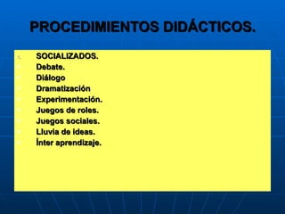 PROCEDIMIENTOS DIDÁCTICOS. SOCIALIZADOS. Debate. Diálogo Dramatización Experimentación. Juegos de roles. Juegos sociales. Lluvia de ideas. Ínter aprendizaje. 