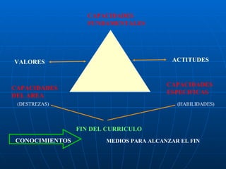 CAPACIDADES FUNDAMENTALES CAPACIDADES DEL AREA CAPACIDADES ESPECIFICAS CONOCIMIENTOS MEDIOS PARA ALCANZAR EL FIN FIN DEL CURRICULO VALORES ACTITUDES (DESTREZAS) (HABILIDADES) 