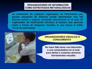 ORGANIZADORES DE INFORMACIÓN COMO ESTRATEGIAS METODOLÓGICAS No hace falta tener una televisión o una computadora en el aula para darles a nuestros alumnos herramientas visuales ORGANIZADORES VISUALES O CONOCIMIENTO  La confección de cualquier organizador de información por grupos pequeños de alumnos puede desempeñar una útil función social y originar animadas discusiones en el aula. El organizador de información favorece al alumno que aprende mejor a través de imágenes visuales, lo que apoya al estilo visual de aprendizaje 