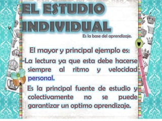 Es la base del aprendizaje.


  El mayor y principal ejemplo es:
-La lectura ya que esta debe hacerse
  siempre al ritmo y velocidad
  personal.
  Es la principal fuente de estudio y
  colectivamente no se puede
  garantizar un optimo aprendizaje.
 