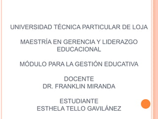 UNIVERSIDAD TÉCNICA PARTICULAR DE LOJA

  MAESTRÍA EN GERENCIA Y LIDERAZGO
            EDUCACIONAL

  MÓDULO PARA LA GESTIÓN EDUCATIVA

              DOCENTE
        DR. FRANKLIN MIRANDA

             ESTUDIANTE
       ESTHELA TELLO GAVILÁNEZ
 