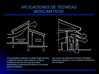 APLICACIONES DE TECNICAS BIOCLIMATICAS Una verdadera ventilación cruzada exige entradas y salidas de aire en cada estancia. La figura muestra el caso de una casa de niveles escalonados y elementos de librillo en la cubierta para la ventilación Los muros con persianas confieren intimidad a deferentes espacios y una vinculación semidirecta con el exterior Zona principal habitable Zona de servicios 