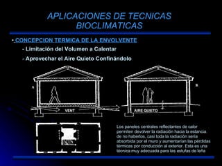 APLICACIONES DE TECNICAS BIOCLIMATICAS CONCEPCION TERMICA DE LA ENVOLVENTE Limitación del Volumen a Calentar Aprovechar el Aire Quieto Confinándolo Los paneles centrales reflectantes de calor permiten devolver la radiación hacia la estancia. de no haberlos, casi toda la radiación sería absorbida por el muro y aumentarían las pérdidas térmicas por conducción al exterior. Esta es una técnica muy adecuada para las estufas de leña VENT AIRE QUIETO 