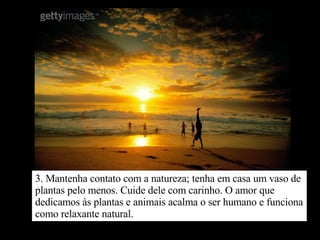 3. Mantenha contato com a natureza; tenha em casa um vaso de plantas pelo menos. Cuide dele com carinho. O amor que dedicamos às plantas e animais acalma o ser humano e funciona como relaxante natural. 