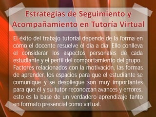 El éxito del trabajo tutorial depende de la forma en
cómo el docente resuelve el día a día. Ello conlleva
el considerar los aspectos personales de cada
estudiante y el perfil del comportamiento del grupo.
Factores relacionados con la motivación, las formas
de aprender, los espacios para que el estudiante se
comunique y se despliegue son muy importantes
para que él y su tutor reconozcan avances y errores,
esto es la base de un verdadero aprendizaje tanto
en formato presencial como virtual.
 