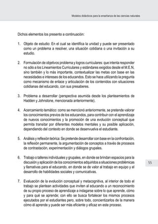 55
Modelos didácticos para la enseñanza de las ciencias naturales
Dichos elementos los presento a continuación:
 
1.	 Objeto de estudio: En el cual se identifica la unidad y puede ser presentado
como un problema a resolver, una situación cotidiana o una invitación a su
estudio.
2.	 Formulación de objetivos problema y logros curriculares: que intenta responder
no sólo a los Lineamientos Curriculares y estándares exigidos desde el M.E.N,
sino también y lo más importante, contextualizar las metas con base en las
necesidades e intereses de los educandos. Esto se hace utilizando la pregunta
como mecanismo de enlace y articulación de los contenidos con situaciones
cotidianas del educando, con sus presaberes.
3.	 Problema a desarrollar (perspectiva asumida desde los planteamientos de
Hadden y Johnstone, mencionada anteriormente).
4.	 Acercamiento temático: como se mencionó anteriormente, se pretende valorar
los conocimientos previos de los educandos, para contribuir con el aprendizaje
de nuevos conocimientos y la promoción de una evolución conceptual que
permita transitar por diferentes modelos mentales y su posible aplicación,
dependiendo del contexto en donde se desenvuelva el estudiante.
5.	 Análisis y reflexión teórica: Se pretende desarrollar con base en la confrontación,
la reflexión permanente, la argumentación de conceptos a través de procesos
de contrastación, experimentación y diálogos grupales.
6.	 Trabajo o talleres individuales y grupales, en donde se brindan espacios para la
discusión y aplicación de los conocimientos adquiridos a situaciones problémicas
y llamativas para el educando, en donde se de valor al trabajo en equipo y el
desarrollo de habilidades sociales y comunicativas.
7.	 Evaluación de la evolución conceptual y metacognitiva, al interior de todo el
trabajo se plantean actividades que inviten al educando a un reconocimiento
de su propio proceso de aprendizaje a indagarse sobre lo que aprende, cómo
y para qué se aprende; con ello se busca fortalecer los mismos procesos
ejecutados por el estudiantes pero, sobre todo, concientizarlos de la manera
cómo él aprende y puede ser más eficiente y eficaz en este proceso.
 