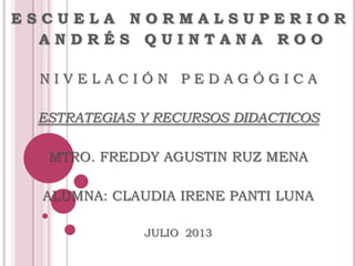 E S C U E L A N O R M A L S U P E R I O R
A N D R É S Q U I N T A N A R O O
N I V E L A C I Ó N P E D A G Ó G I C A
ESTRATEGIAS Y RECURSOS DIDACTICOS
MTRO. FREDDY AGUSTIN RUZ MENA
ALUMNA: CLAUDIA IRENE PANTI LUNA
JULIO 2013
 