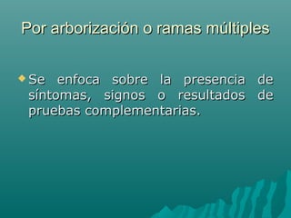 Por arborización o ramas múltiples
 Se

enfoca sobre la presencia de
síntomas, signos o resultados de
pruebas complementarias.

 