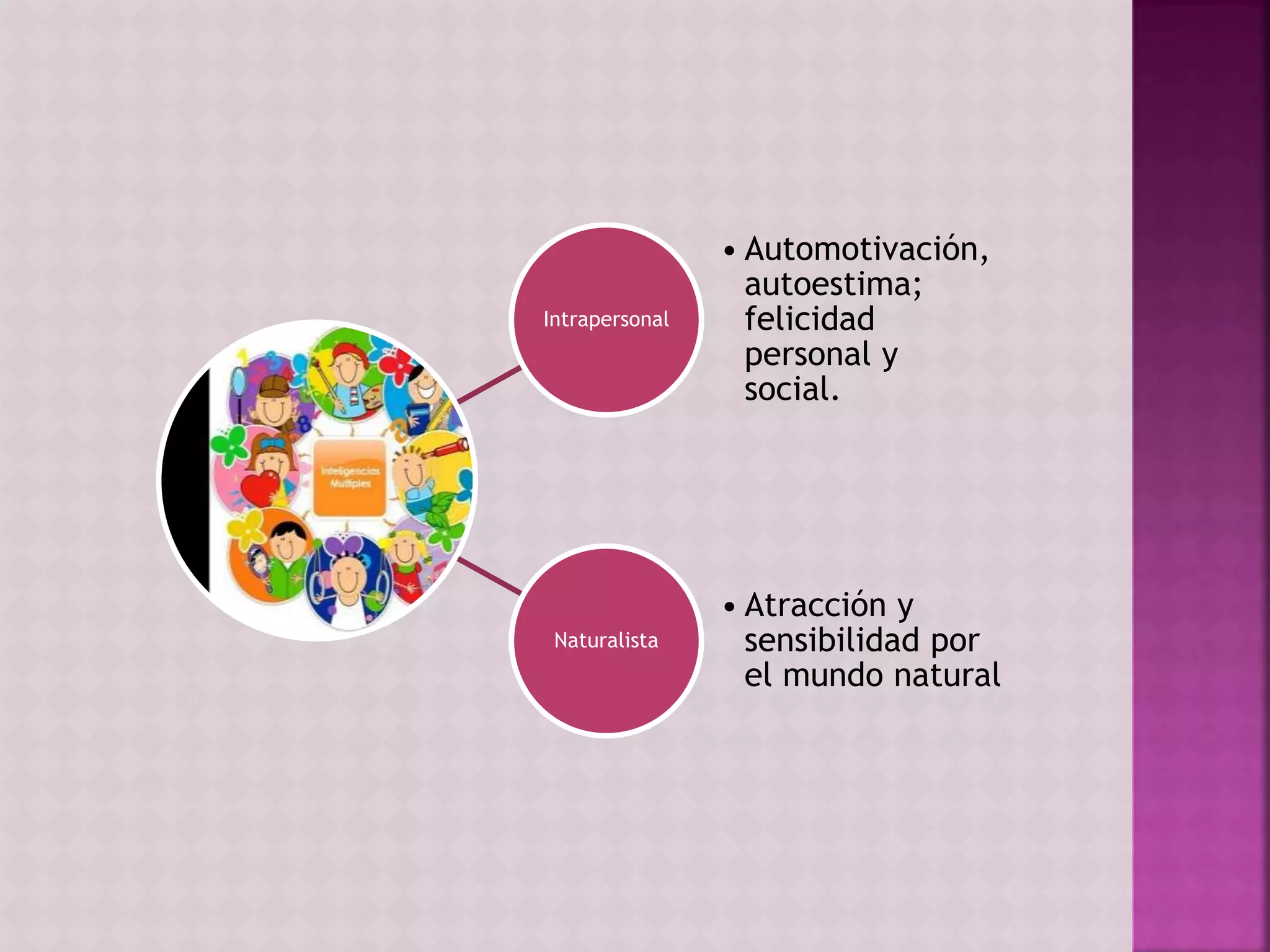Intrapersonal
• Automotivación,
autoestima;
felicidad
personal y
social.
Naturalista
• Atracción y
sensibilidad por
el mundo natural