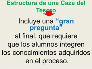 Estructura de una Caza del
Tesoro
Incluye una “gran
pregunta”
al final, que requiere
que los alumnos integren
los conocimientos adquiridos
en el proceso.
 