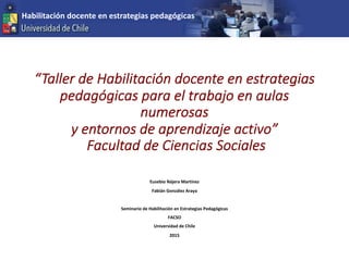 Habilitación docente en estrategias pedagógicas
“Taller de Habilitación docente en estrategias
pedagógicas para el trabajo en aulas
numerosas
y entornos de aprendizaje activo”
Facultad de Ciencias Sociales
Eusebio Nájera Martínez
Fabián González Araya
Seminario de Habilitación en Estrategias Pedagógicas
FACSO
Universidad de Chile
2015
 