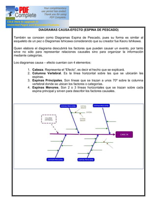 DIAGRAMAS CAUSA-EFECTO (ESPINA DE PESCADO)
También se conocen como Diagramas Espina de Pescado, pues su forma es similar al
esqueleto de un pez o Diagramas Ishicawa considerando que su creador fue Kaoru Ishikawa.
Quien elabora el diagrama descubrirá los factores que pueden causar un evento, por tanto
sirve no sólo para representar relaciones causales sino para organizar la información
mediante categorías.
Los diagramas causa efecto cuentan con 4 elementos:
1. Cabeza. Representa el Efecto , es decir el hecho que se explicará.
2. Columna Vertebral. Es la línea horizontal sobre las que se ubicarán las
espinas.
3. Espinas Principales. Son líneas que se trazan a unos 70º sobre la columna
vertebral donde se ubican los factores o categorías.
4. Espinas Menores. Son 2 o 3 líneas horizontales que se trazan sobre cada
espina principal y sirven para describir los factores causales.
 