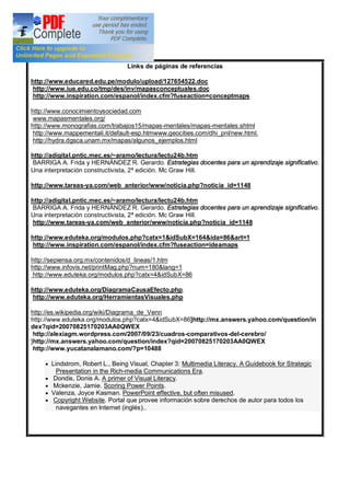 Links de páginas de referencias
http://www.educared.edu.pe/modulo/upload/127654522.doc
http://www.iue.edu.co/tmp/des/inv/mapasconceptuales.doc
http://www.inspiration.com/espanol/index.cfm?fuseaction=conceptmaps
http://www.conocimientoysociedad.com
www.mapasmentales.org/
http://www.monografias.com/trabajos15/mapas-mentales/mapas-mentales.shtml
http://www.mappementali.it/default-esp.htmwww.geocities.com/dhi_pnl/new.html.
http://hydra.dgsca.unam.mx/mapas/algunos_ejemplos.html
http://adigital.pntic.mec.es/~aramo/lectura/lectu24b.htm
BARRIGA A. Frida y HERNÁNDEZ R. Gerardo. Estrategias docentes para un aprendizaje significativo.
Una interpretación constructivista, 2ª edición. Mc Graw Hill.
http://www.tareas-ya.com/web_anterior/www/noticia.php?noticia_id=1148
http://adigital.pntic.mec.es/~aramo/lectura/lectu24b.htm
BARRIGA A. Frida y HERNÁNDEZ R. Gerardo. Estrategias docentes para un aprendizaje significativo.
Una interpretación constructivista, 2ª edición. Mc Graw Hill.
http://www.tareas-ya.com/web_anterior/www/noticia.php?noticia_id=1148
http://www.eduteka.org/modulos.php?catx=1&idSubX=164&ida=86&art=1
http://www.inspiration.com/espanol/index.cfm?fuseaction=ideamaps
http://sepiensa.org.mx/contenidos/d_lineas/1.htm
http://www.infovis.net/printMag.php?num=180&lang=1
http://www.eduteka.org/modulos.php?catx=4&idSubX=86
http://www.eduteka.org/DiagramaCausaEfecto.php.
http://www.eduteka.org/HerramientasVisuales.php
http://es.wikipedia.org/wiki/Diagrama_de_Venn
http://www.eduteka.org/modulos.php?catx=4&idSubX=86]http://mx.answers.yahoo.com/question/in
dex?qid=20070825170203AA0QWEX
http://alexiagm.wordpress.com/2007/09/23/cuadros-comparativos-del-cerebro/
]http://mx.answers.yahoo.com/question/index?qid=20070825170203AA0QWEX
http://www.yucatanalamano.com/?p=10488
· Lindstrom, Robert L., Being Visual, Chapter 3: Multimedia Literacy. A Guidebook for Strategic
Presentation in the Rich-media Communications Era.
· Dondis, Donis A. A primer of Visual Literacy.
· Mckenzie, Jamie. Scoring Power Points.
· Valenza, Joyce Kasman. PowerPoint effective, but often misused.
· Copyright Website. Portal que provee información sobre derechos de autor para todos los
navegantes en Internet (inglés)..
 