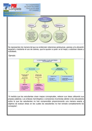 Se representan de manera tal que se evidencien relaciones jerárquicas, gracias a la ubicación
espacial y mediante el uso de colores, que le ayuden a quien ve el mapa, a abstraer clases y
subclases.
Ejemplo:
A medida que los estudiantes crean mapas conceptuales, reiteran sus ideas utilizando sus
propias palabras. Los enlaces mal dirigidos o conexiones incorrectas alertan a los educadores
sobre lo que los estudiantes no han comprendido proporcionando una manera exacta y
objetiva de evaluar áreas en las cuales los estudiantes no han tomado completamente los
conceptos .
 