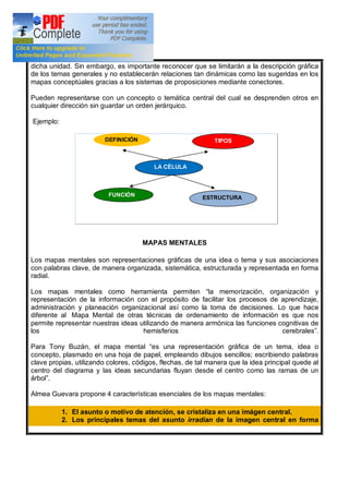 dicha unidad. Sin embargo, es importante reconocer que se limitarán a la descripción gráfica
de los temas generales y no establecerán relaciones tan dinámicas como las sugeridas en los
mapas conceptúales gracias a los sistemas de proposiciones mediante conectores.
Pueden representarse con un concepto o temática central del cual se desprenden otros en
cualquier dirección sin guardar un orden jerárquico.
Ejemplo:
MAPAS MENTALES
Los mapas mentales son representaciones gráficas de una idea o tema y sus asociaciones
con palabras clave, de manera organizada, sistemática, estructurada y representada en forma
radial.
Los mapas mentales como herramienta permiten la memorización, organización y
representación de la información con el propósito de facilitar los procesos de aprendizaje,
administración y planeación organizacional así como la toma de decisiones. Lo que hace
diferente al Mapa Mental de otras técnicas de ordenamiento de información es que nos
permite representar nuestras ideas utilizando de manera armónica las funciones cognitivas de
los hemisferios cerebrales .
Para Tony Buzán, el mapa mental es una representación gráfica de un tema, idea o
concepto, plasmado en una hoja de papel, empleando dibujos sencillos; escribiendo palabras
clave propias, utilizando colores, códigos, flechas, de tal manera que la idea principal quede al
centro del diagrama y las ideas secundarias fluyan desde el centro como las ramas de un
árbol .
Almea Guevara propone 4 características esenciales de los mapas mentales:
1. El asunto o motivo de atención, se cristaliza en una imágen central.
2. Los principales temas del asunto irradian de la imagen central en forma
DEFINICIÓN
LA CÉLULA
ESTRUCTURAFUNCIÓN
TIPOS
 