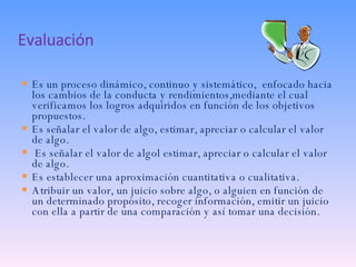 Evaluación Es un proceso dinámico, continuo y sistemático,  enfocado hacia los cambios de la conducta y rendimientos,mediante el cual verificamos los logros adquiridos en función de los objetivos propuestos. Es señalar el valor de algo, estimar, apreciar o calcular el valor de algo. Es señalar el valor de algol estimar, apreciar o calcular el valor de algo. Es establecer una aproximación cuantitativa o cualitativa. Atribuir un valor, un juicio sobre algo, o alguien en función de un determinado propósito, recoger información, emitir un juicio con ella a partir de una comparación y así tomar una decisión. 