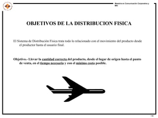 OBJETIVOS DE LA DISTRIBUCION FISICA El Sistema de Distribución Física trata todo lo relacionado con el movimiento del producto desde el productor hasta el usuario final. Objetivo.- Llevar la  cantidad correcta  del producto, desde el lugar de origen hasta el punto de venta, en el  tiempo necesario  y con el  mínimo costo  posible. 