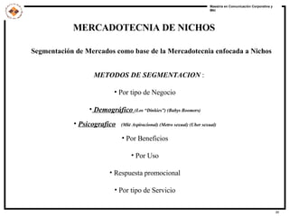 MERCADOTECNIA DE NICHOS  Segmentación de Mercados como base de la Mercadotecnia enfocada a Nichos METODOS DE SEGMENTACION  : Por tipo de Negocio Demográfico  (Los “Dinkies”) (Babys Boomers) Psicografico   (Mkt Aspiracional) (Metro sexual) (Uber sexual) Por Beneficios Por Uso Respuesta promocional Por tipo de Servicio 