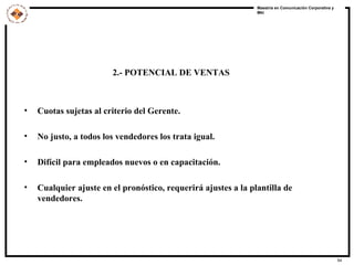 2.- POTENCIAL DE VENTAS Cuotas sujetas al criterio del Gerente. No justo, a todos los vendedores los trata igual. Difícil para empleados nuevos o en capacitación. Cualquier ajuste en el pronóstico, requerirá ajustes a la plantilla de vendedores. 