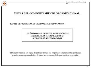 METAS DEL COMPORTAMIENTO ORGANIZACIONAL EXPLICAR Y PREDECIR EL COMPORTAMIENTO HUMANO EL ÉXITO DE UN GERENTE, DEPENDE DE SU  CAPACIDAD DE HACER LAS COSAS A TRAVES DE SUS EMPLEADOS El Gerente necesita ser capaz de explicar porque los empleados adoptan ciertas conductas  y predecir como responderán a diversas acciones que el Gerente pudiera emprender. 