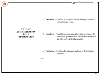 TIPOS DE  ADMINISTRACION  DE LA DISTRIBUCION a)  Extensiva .-  Cuando se pretende abarcar el mayor numero  de puntos de venta. b)  Selectiva .-  Cuando una empresa selecciona los puntos de venta que quiera utilizar y sólo abarca algunos de ellos sobre el total existente. c)  Exclusiva .-  Es el modo más acentuado de la distribución selectiva. 