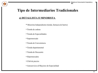 Tipo de Intermediarios Tradicionales   Minorista Independiente (tienda, farmacia de barrio) Tienda de cadena  Tienda de Especialidades  Supermercado  Tienda de Conveniencia  Tienda departamental  Tienda de Descuento  Hipermercados  Club de precios Autoservicio al Mayoreo de Especialidad  a) DETALLISTA O MINORISTA  
