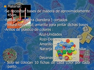 Material: -Se necesitan bases de madera de aproximadamente 45cm. -Palitos de madera (bandera ) cortados -Pintura roja, azul, amarilla para pintar dichas bases -Arillos de plástico de colores :    Azul-Unidades Rojo-Decenas Amarillo – Centenas Naranja – Unidades de millar ,  Decenas de millar, etc. - Solo se colocan 10 fichas de cada color por cada palito  