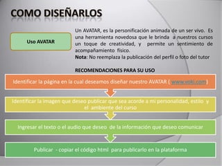 Uso AVATAR
Un AVATAR, es la personificación animada de un ser vivo. Es
una herramienta novedosa que le brinda a nuestros cursos
un toque de creatividad, y permite un sentimiento de
acompañamiento físico.
Nota: No reemplaza la publicación del perfil o foto del tutor
RECOMENDACIONES PARA SU USO
Publicar - copiar el código html para publicarlo en la plataforma
Ingresar el texto o el audio que deseo de la información que deseo comunicar
Identificar la imagen que deseo publicar que sea acorde a mi personalidad, estilo y
el ambiente del curso
Identificar la página en la cual deseamos diseñar nuestro AVATAR ( www.voki.com)
 