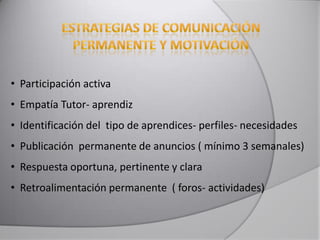 • Participación activa
• Empatía Tutor- aprendiz
• Identificación del tipo de aprendices- perfiles- necesidades
• Publicación permanente de anuncios ( mínimo 3 semanales)
• Respuesta oportuna, pertinente y clara
• Retroalimentación permanente ( foros- actividades)
 