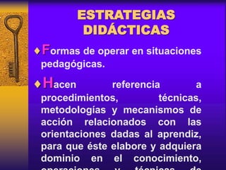 ESTRATEGIAS
DIDÁCTICAS
Formas de operar en situaciones
pedagógicas.
Hacen referencia a
procedimientos, técnicas,
metodologías y mecanismos de
acción relacionados con las
orientaciones dadas al aprendiz,
para que éste elabore y adquiera
dominio en el conocimiento,
 