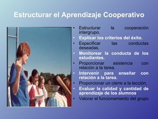 Estructurar el Aprendizaje Cooperativo <ul><li>Estructurar la cooperación intergrupo.  </li></ul><ul><li>Explicar los crit...